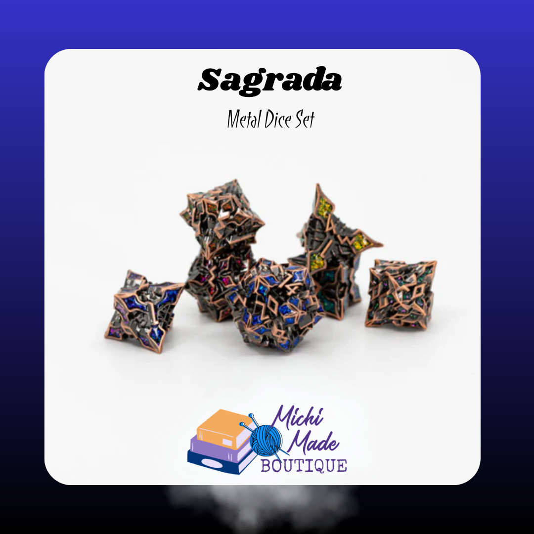 Sagrada Set Image  “Seven-piece copper and dark metal dice set featuring multicolored stained-glass enamel patterns inspired by ornate architectural mosaics.”