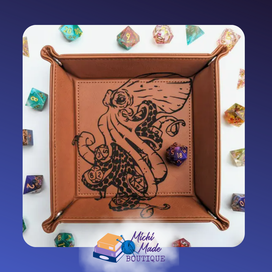 Chestnut tray engraved with kraken holding dice in its tentacles.