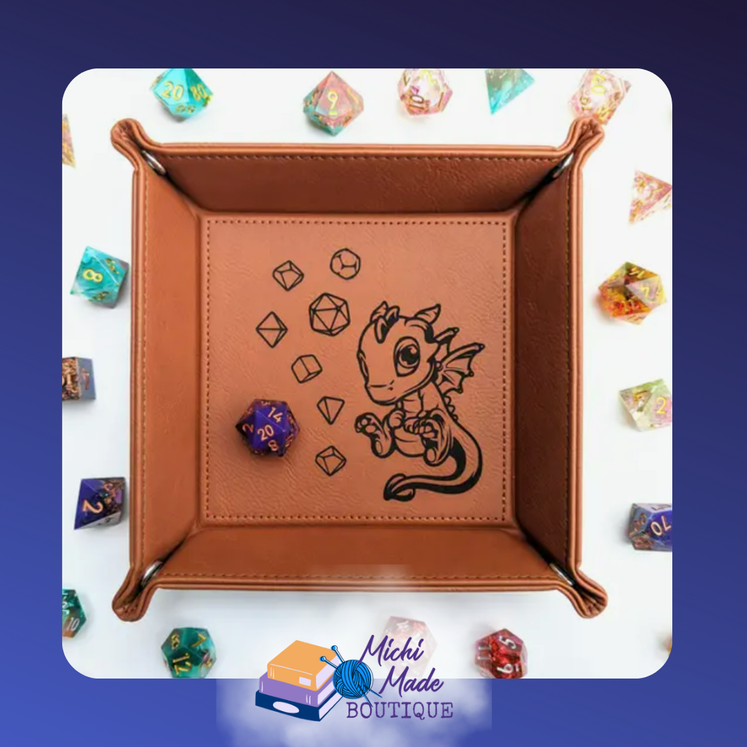 Chestnut tray with engraved baby dragon surrounded by dice.