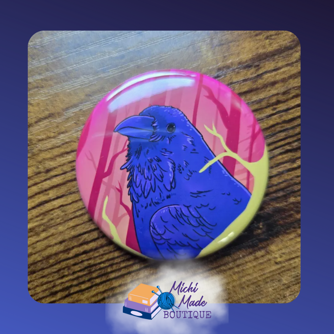 Retro Raven Fridge Magnet – Blue raven in a stylized red and yellow forest scene.