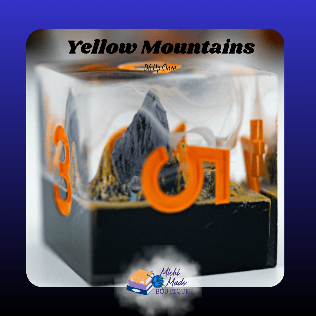 Yellow Mountains – D6 Up Close — Cube d6 with detailed yellow mountain scene and bold orange numerals.