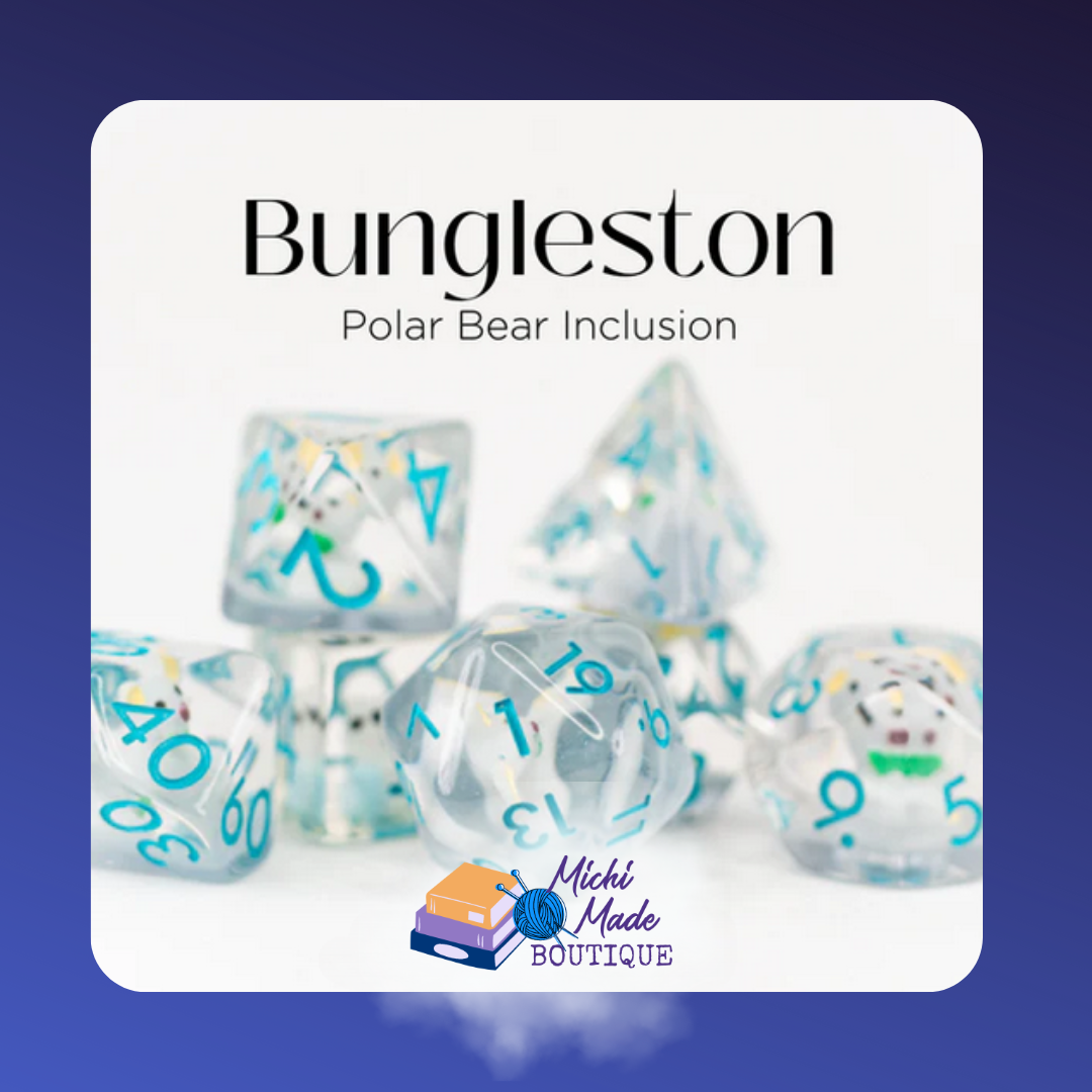 Clear dice with polar bear inclusion and teal numbers – Bungleston set.