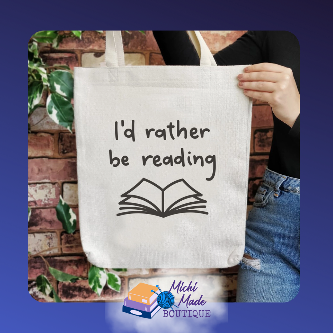 Branded tote with the phrase “I’d Rather Be Reading” printed on front.