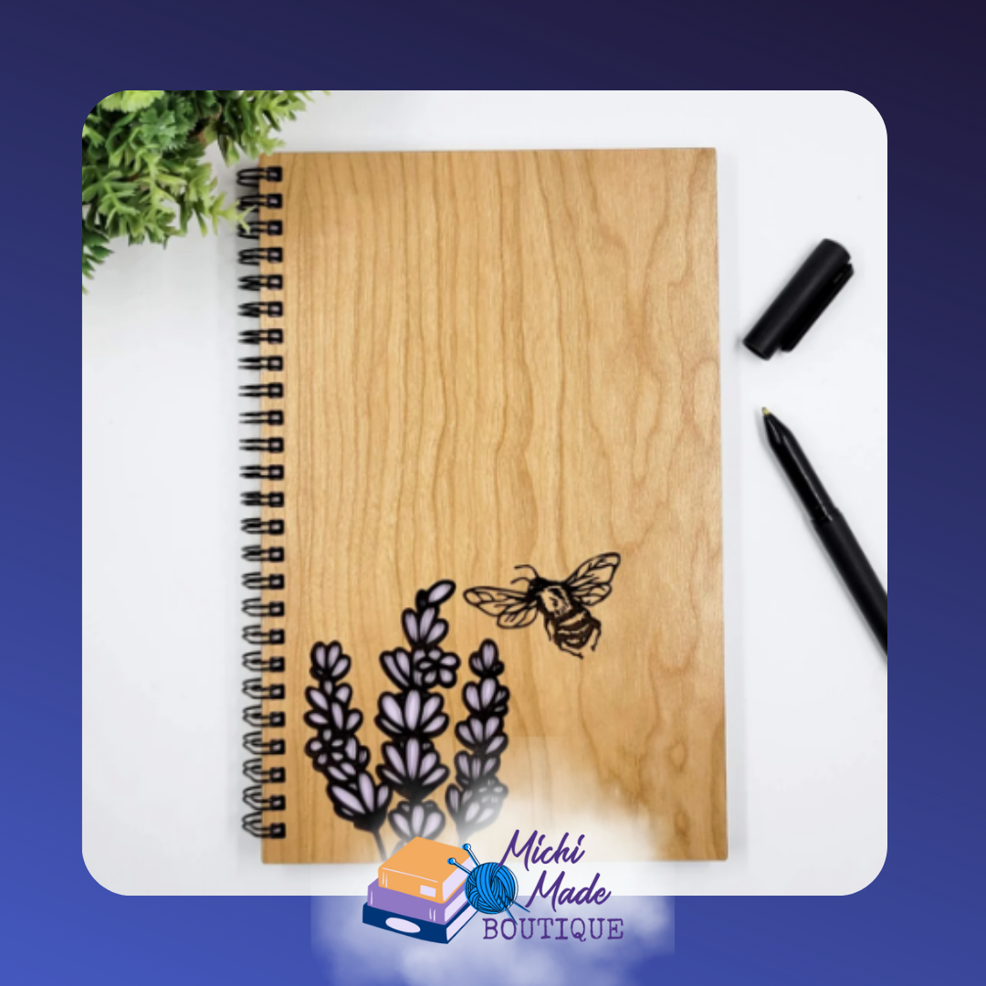 Lavender Bee - Wooden journal with laser-engraved lavender sprigs and a bee, accented with purple details.