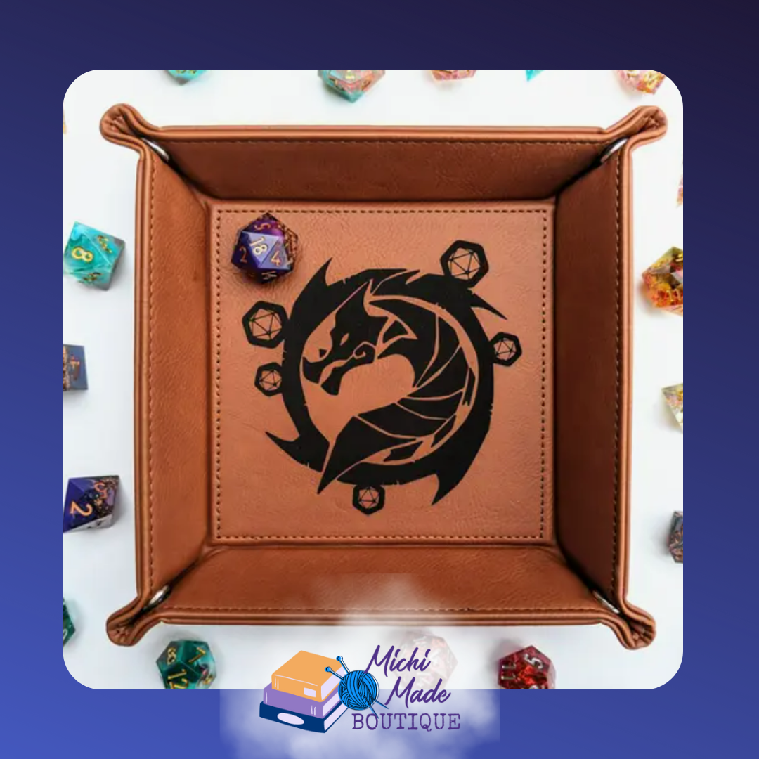 Chestnut tray engraved with stylized dragon and polyhedral dice circle.