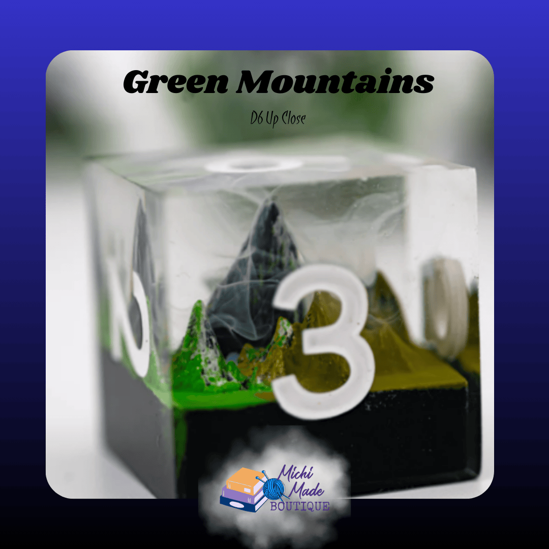 Green Mountains – D6 Up Close — Cube d6 showing a green mountain scene beneath clear resin and white piped numerals.