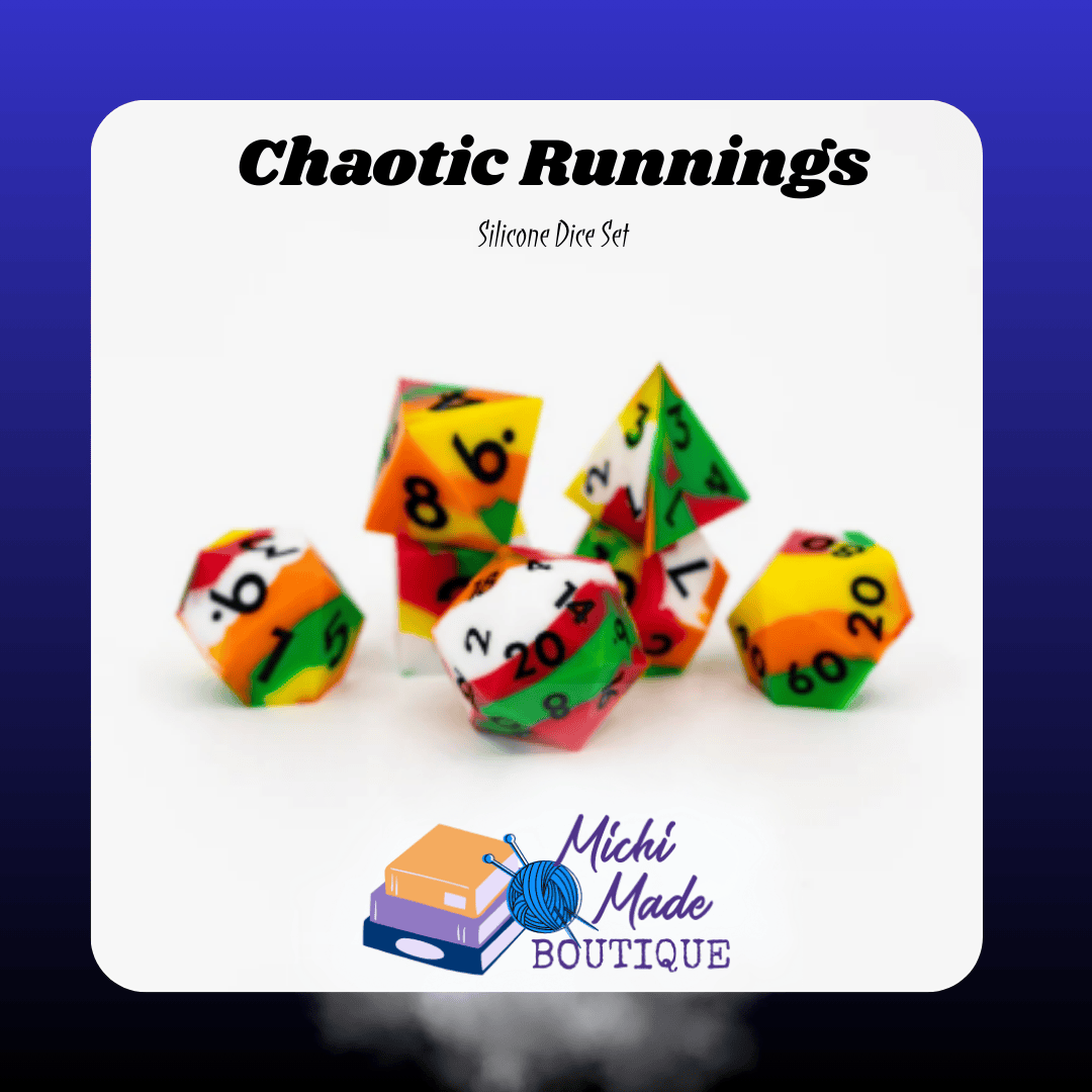 Chaotic Runnings — Silicone RPG dice set in red, yellow, green, and white, seven polyhedrals arranged on a white background.