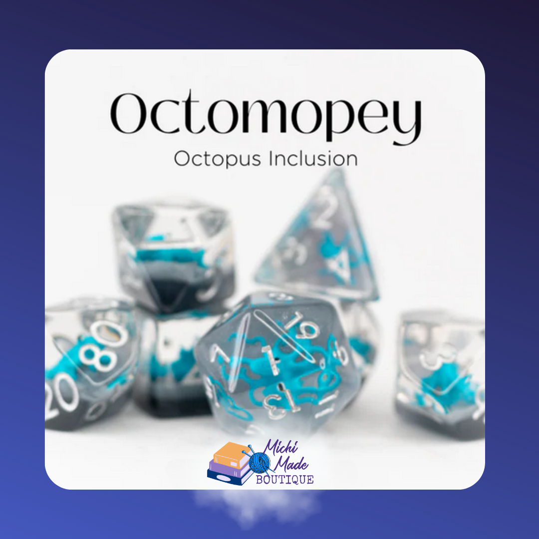 Gray dice with blue octopus inclusions, white numbers – Octomopey set.