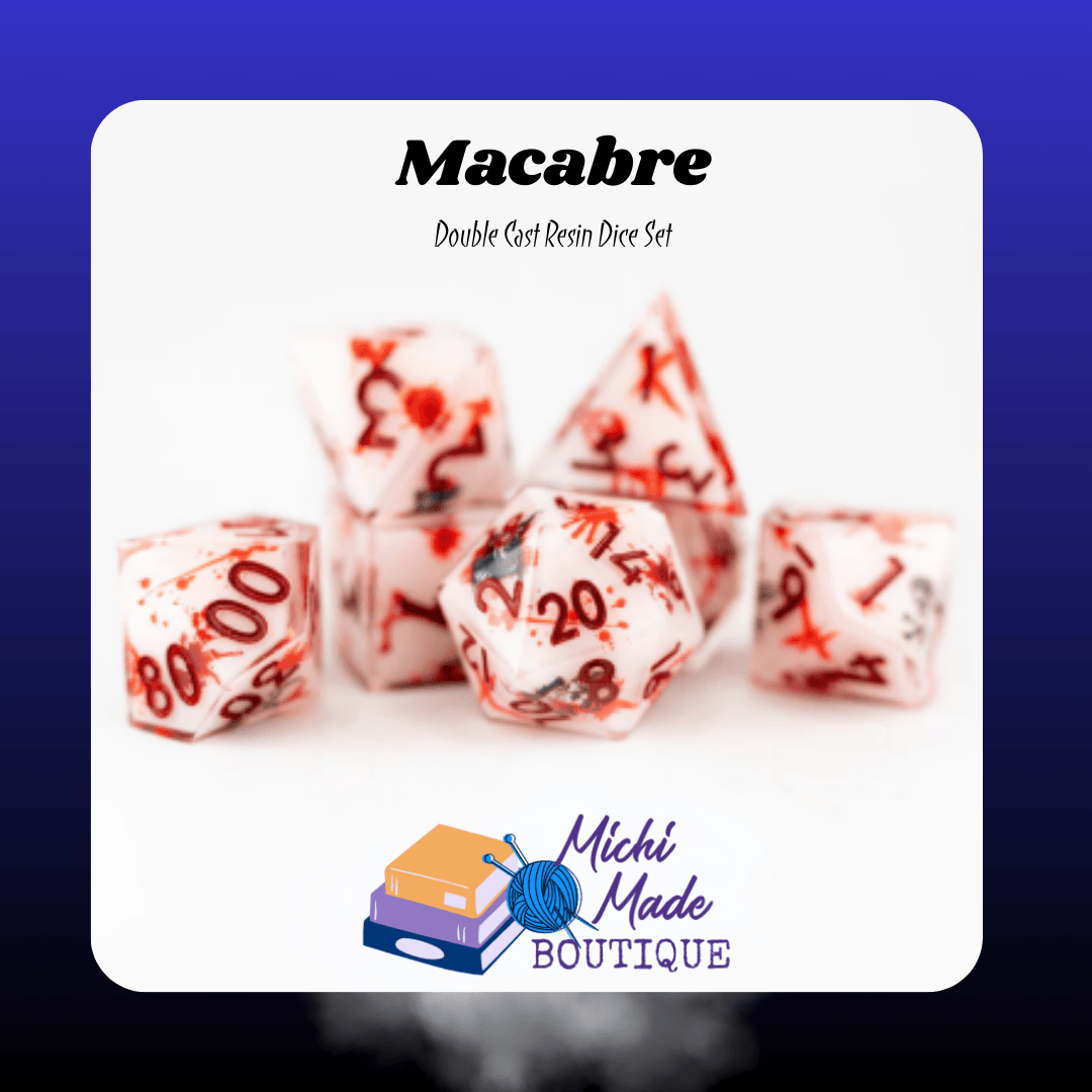 Macabre — White double-cast dice with red runes and splatter accents, 7-piece set.