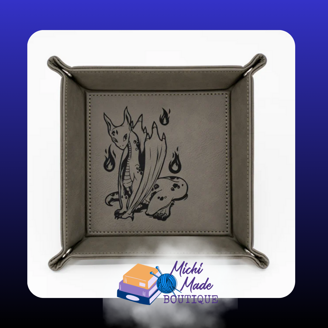 Grey tray engraved with whimsical dragon cat hybrid and fire wisps.