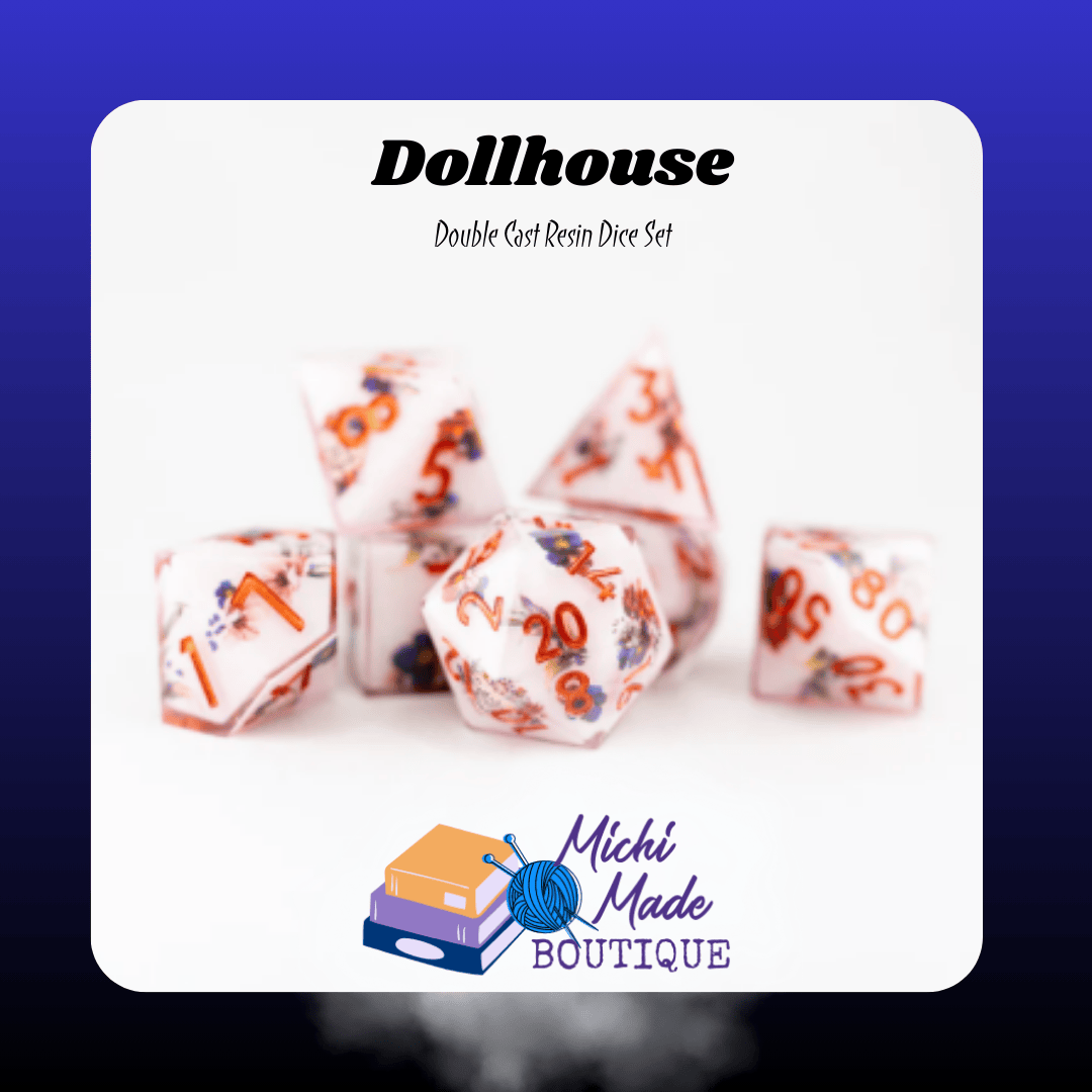 Dollhouse — White double-cast dice with tiny floral details and orange numbers, full 7-piece set.