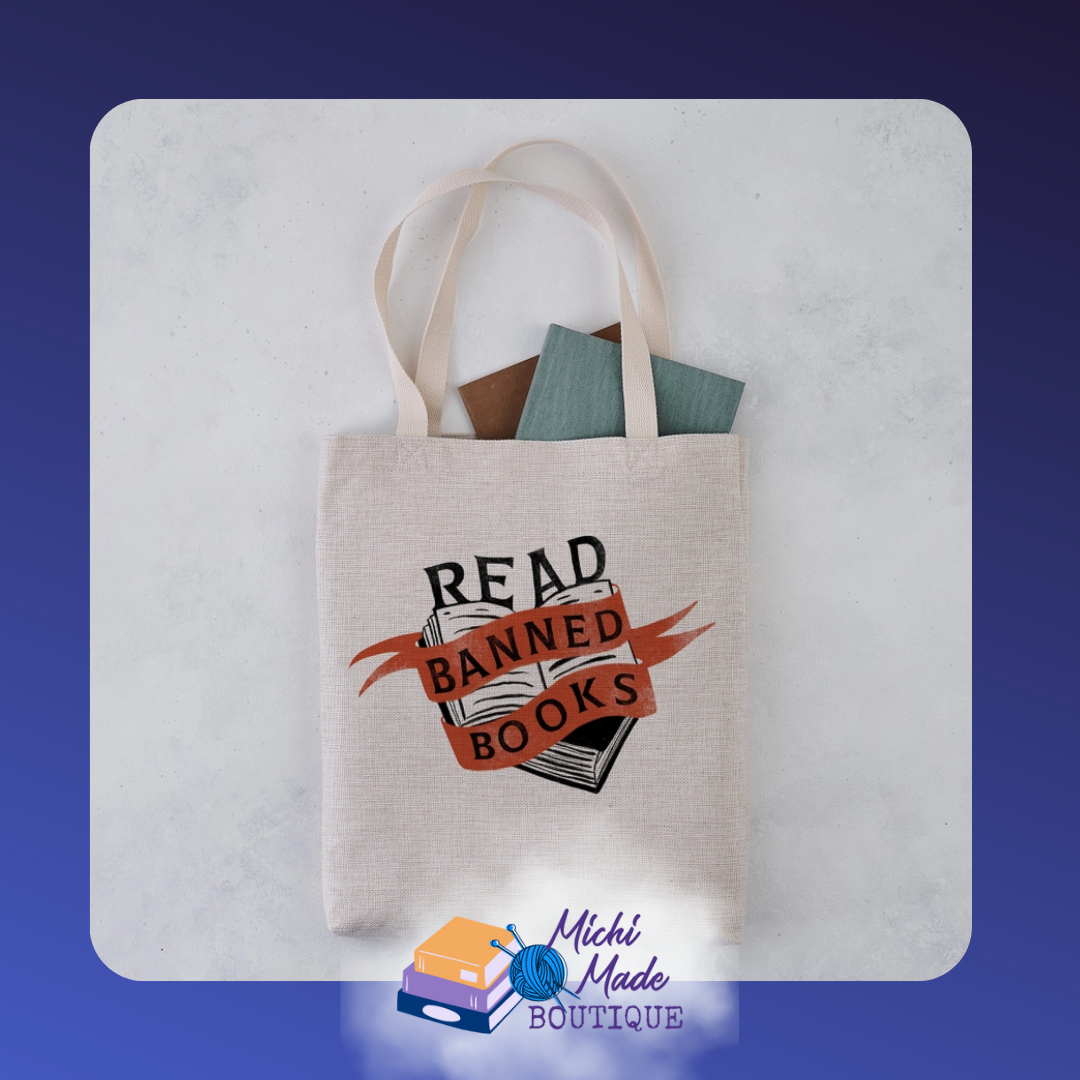 Canvas tote design showing “Read Banned Books” in banner style across the front.