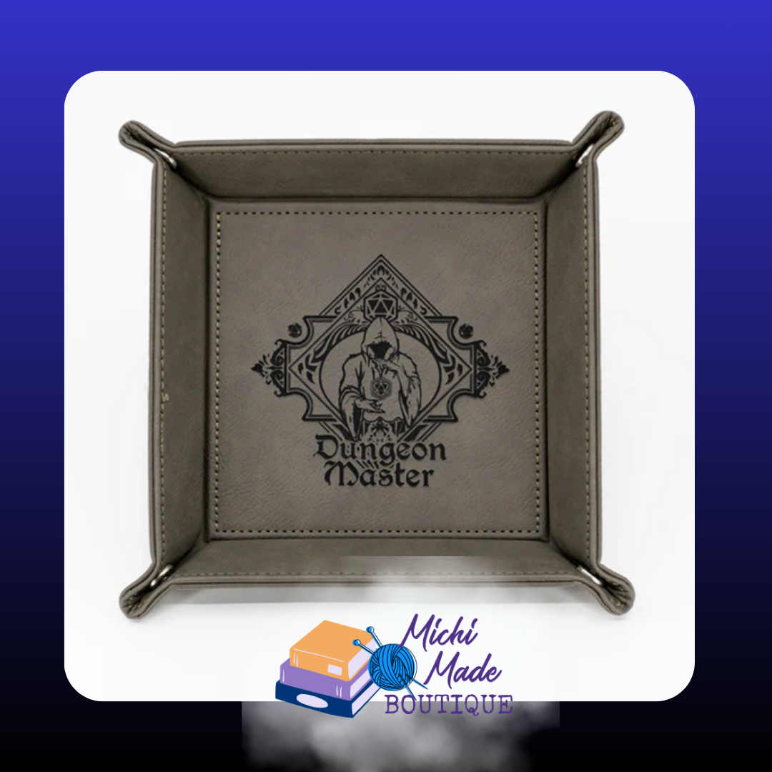 Grey tray engraved with “Dungeon Master” and hooded figure.