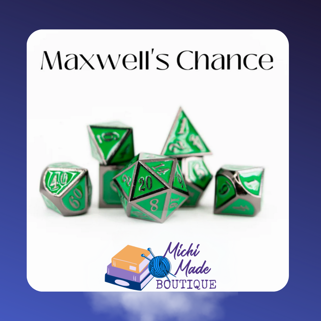 Maxwell’s Chance – Shiny green and silver 7-piece metal RPG dice set with sharp edges, ready for lucky crit rolls.