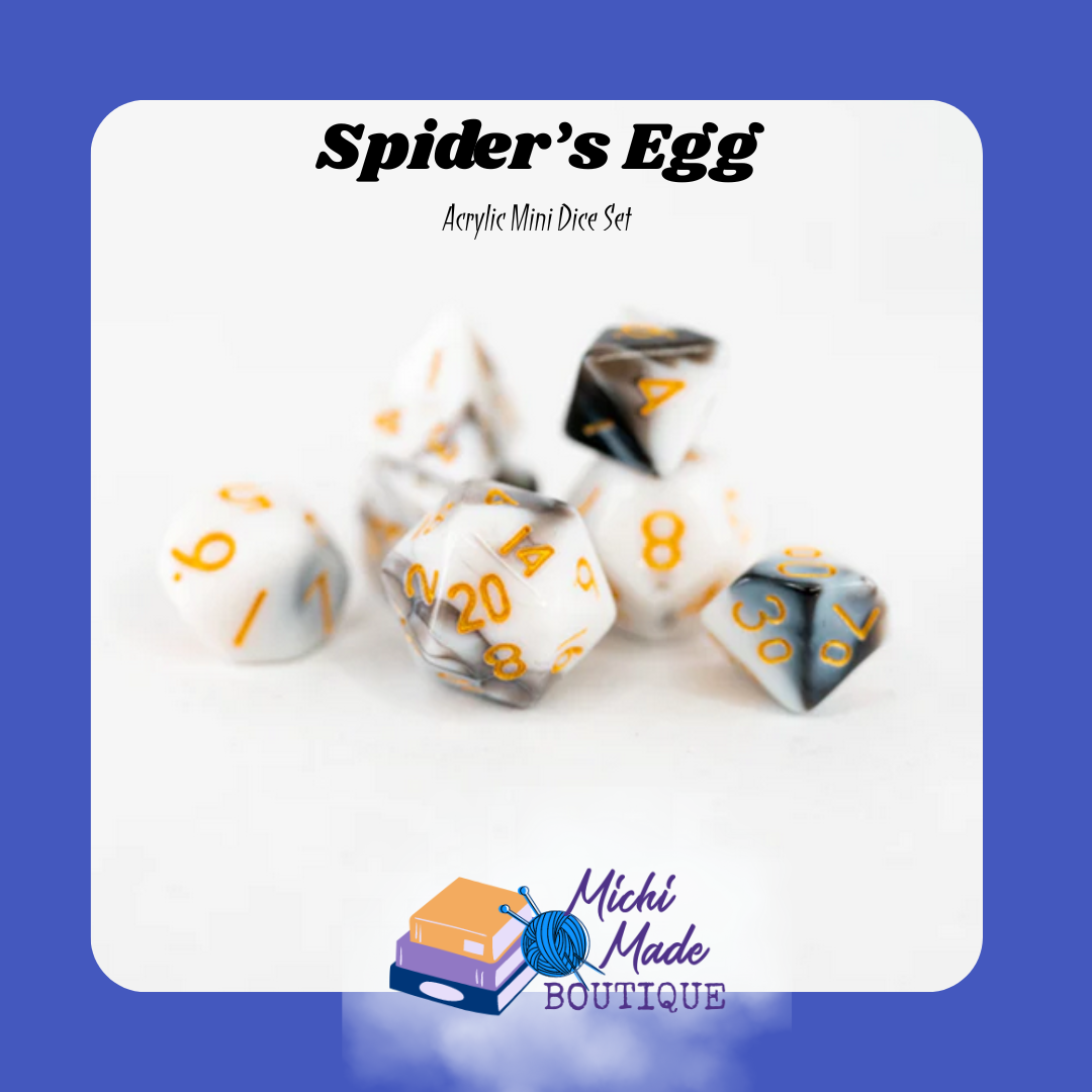 Spider’s Egg — White black swirl mini dice with gold numbers, eerie.