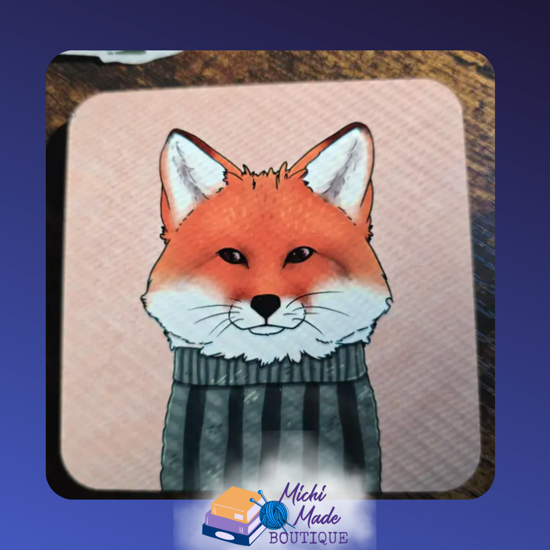 Illustrated coaster of a red fox wearing a striped sweater on a peach background.