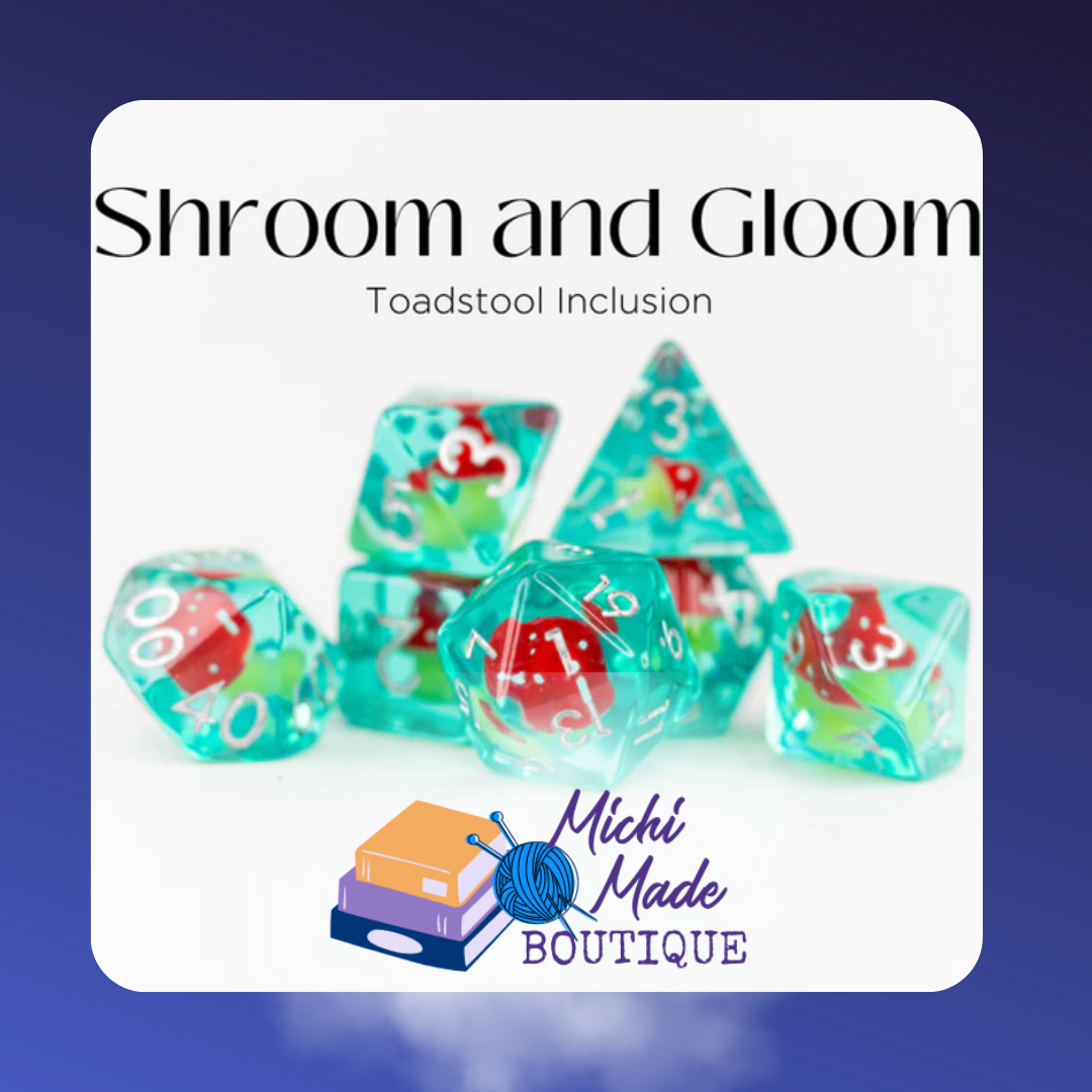 Teal dice with red toadstool inclusions, white numbers – Shroom and Gloom set.