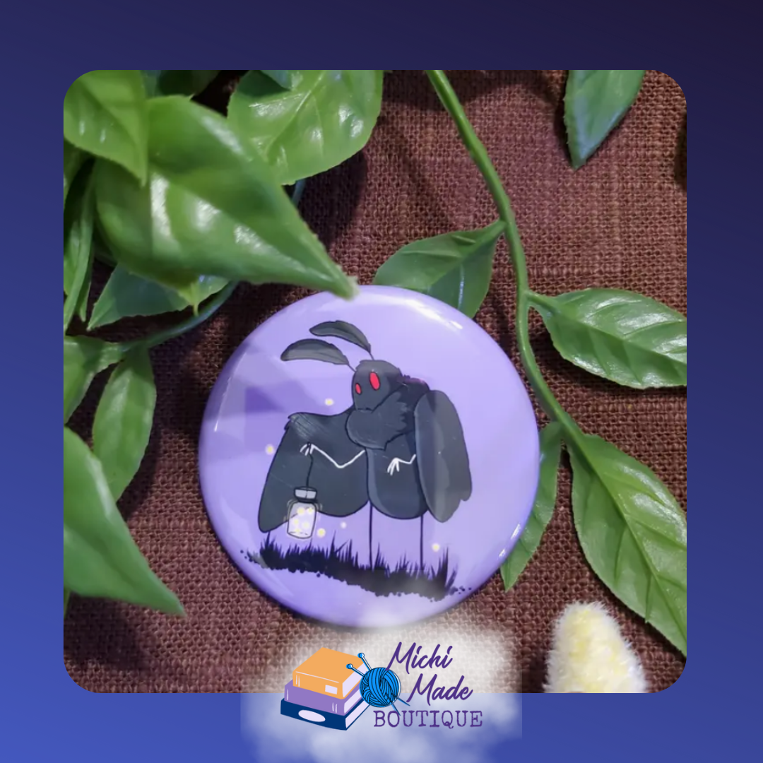 Mothman with Lantern Fridge Magnet – Mothman holding a lantern under a purple night sky.