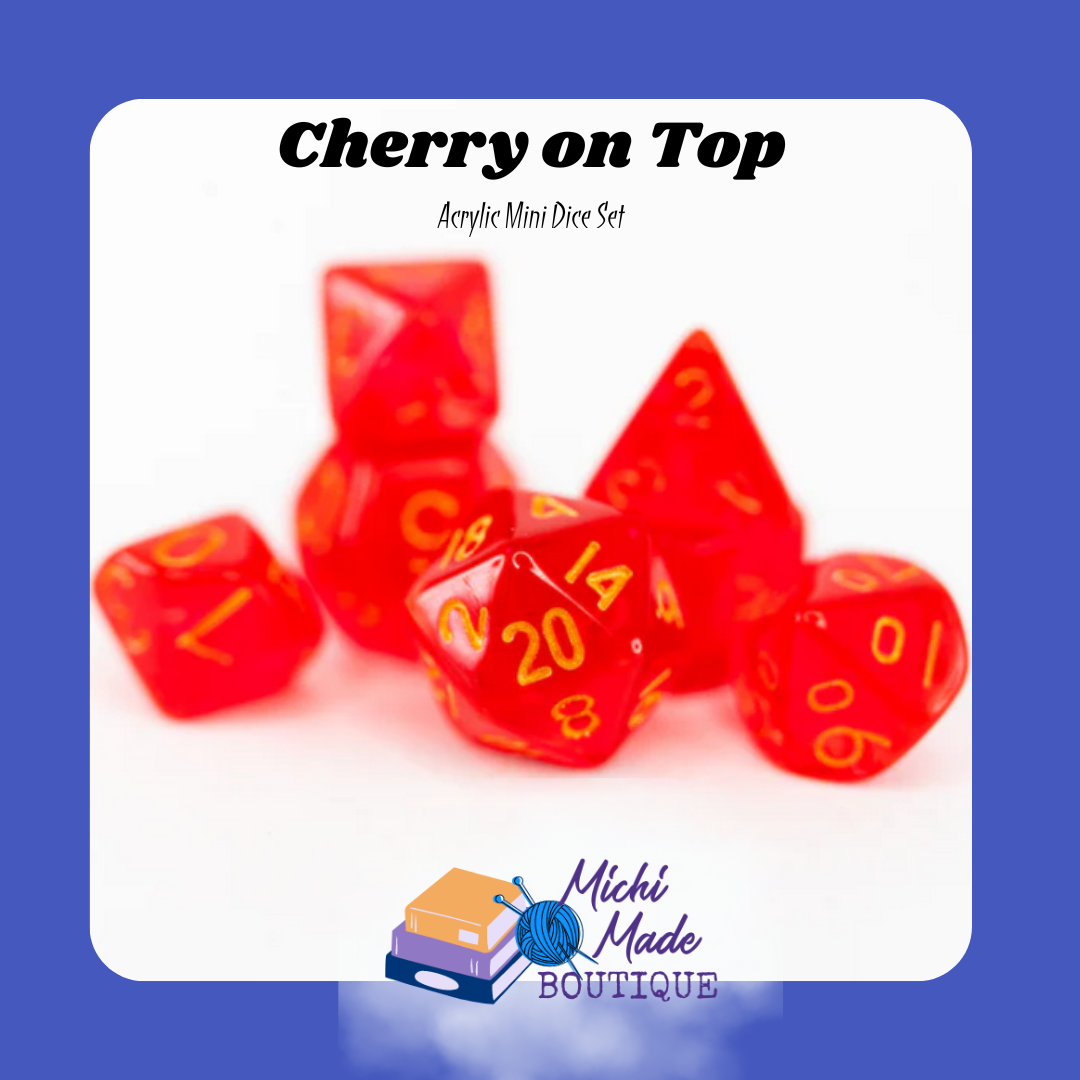 Cherry on Top — Bright red mini dice with gold numbers, tiny but bold.