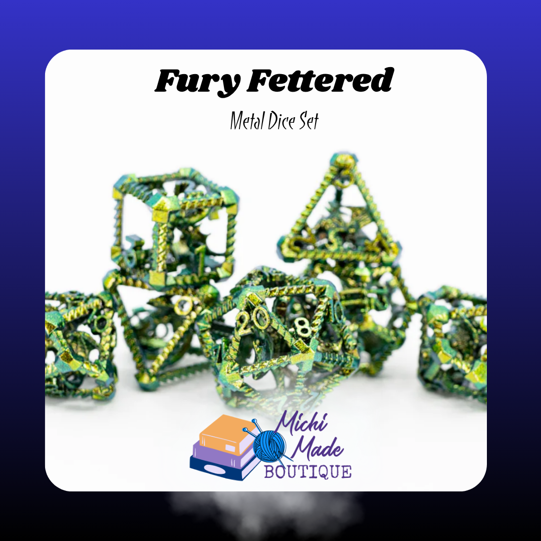 Fury Fettered – Full Set A vivid green-and-gold metal dice set with twisting cage frames and a dragon figure within each die.