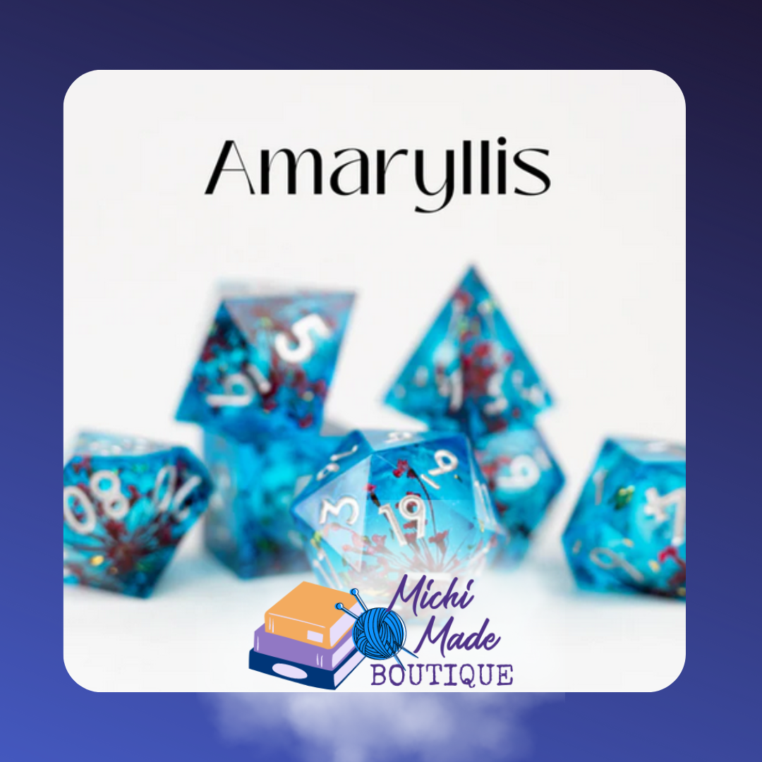 • Amaryllis: Teal-blue liquid-core dice with white numbers and red floral confetti swirling in the centers.