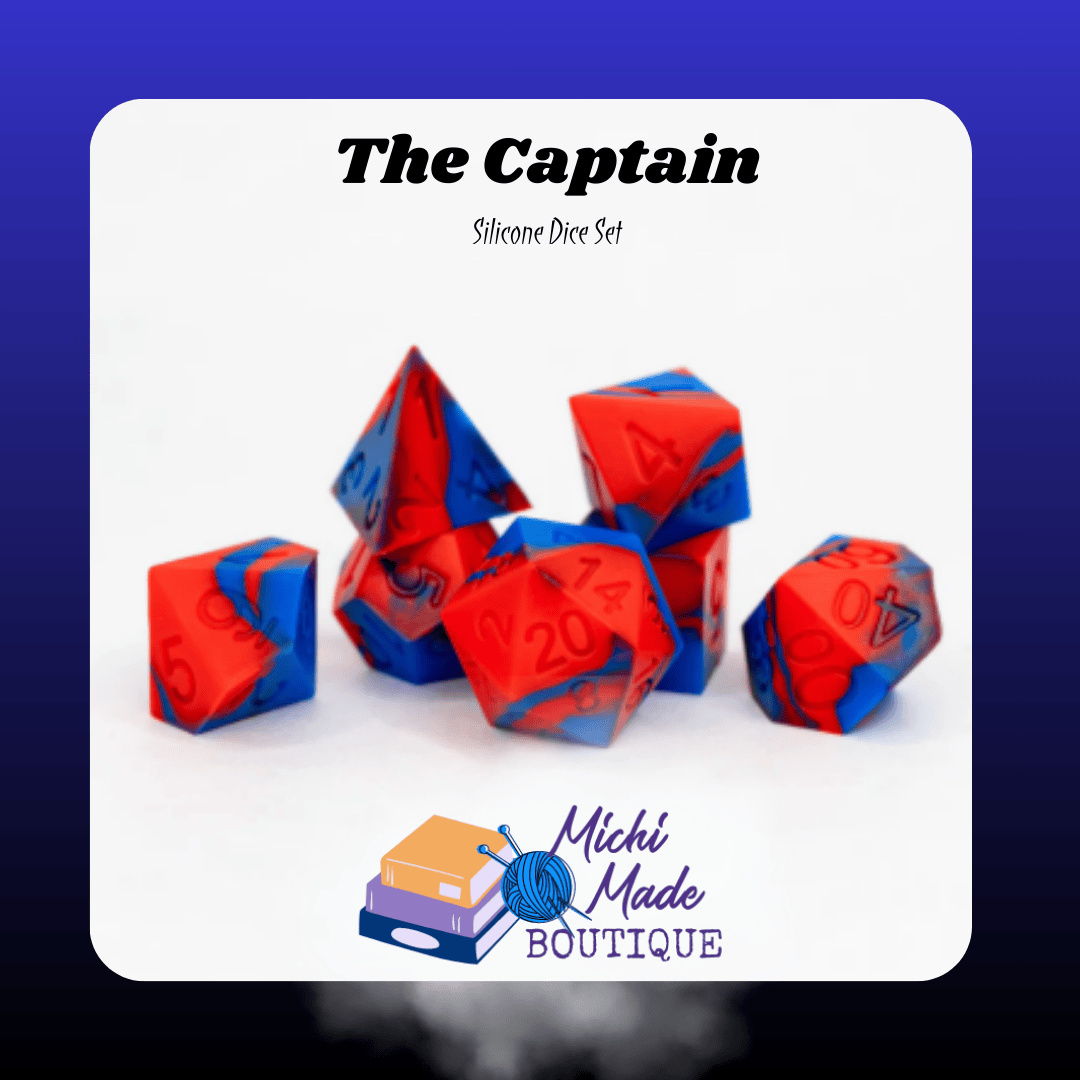 The Captain — Red and nautical blue silicone RPG dice set, seven polyhedrals on a white background.