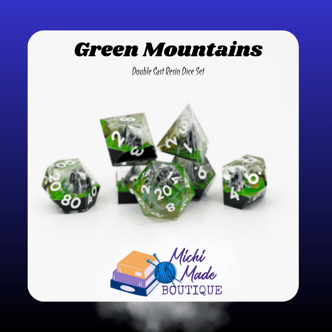 Green Mountains – 7 piece set — Clear-topped dice with green mountain diorama and white numbers, full set.