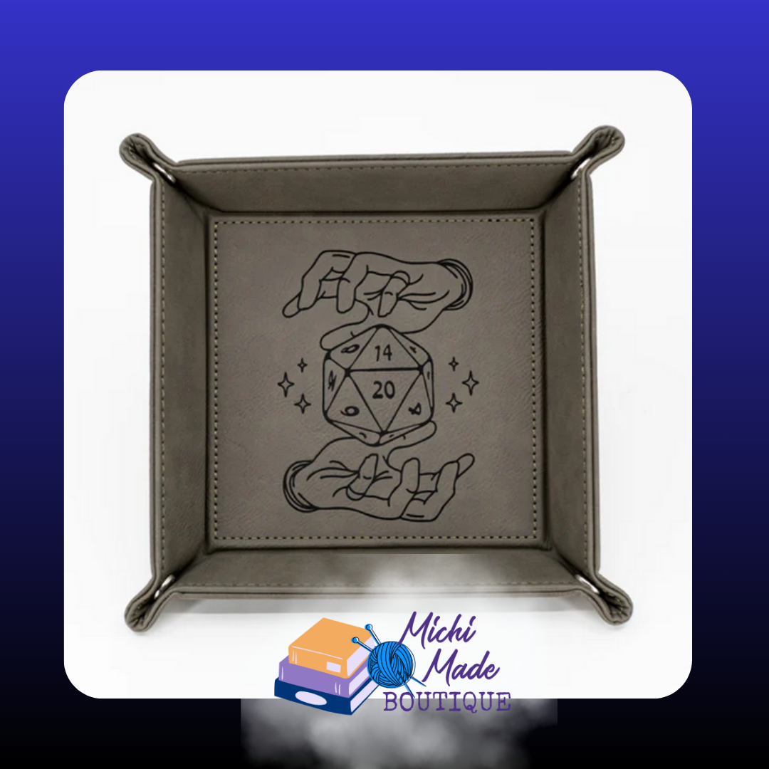 Grey tray engraved with sorcerer’s hands conjuring a d20.