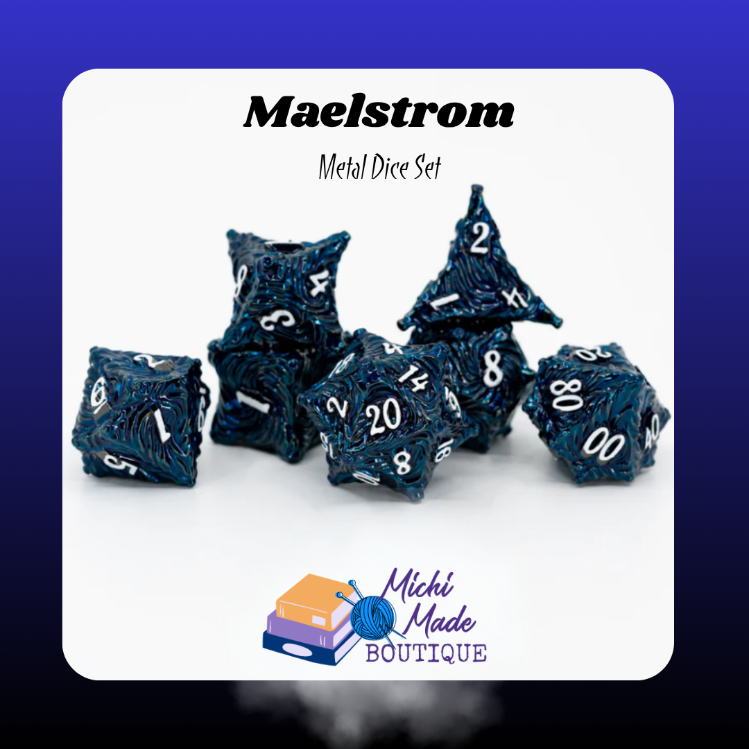 Maelstrom  “Seven-piece metal dice set in deep blue swirling textures with white numbers, arranged in a cluster on a light background.”