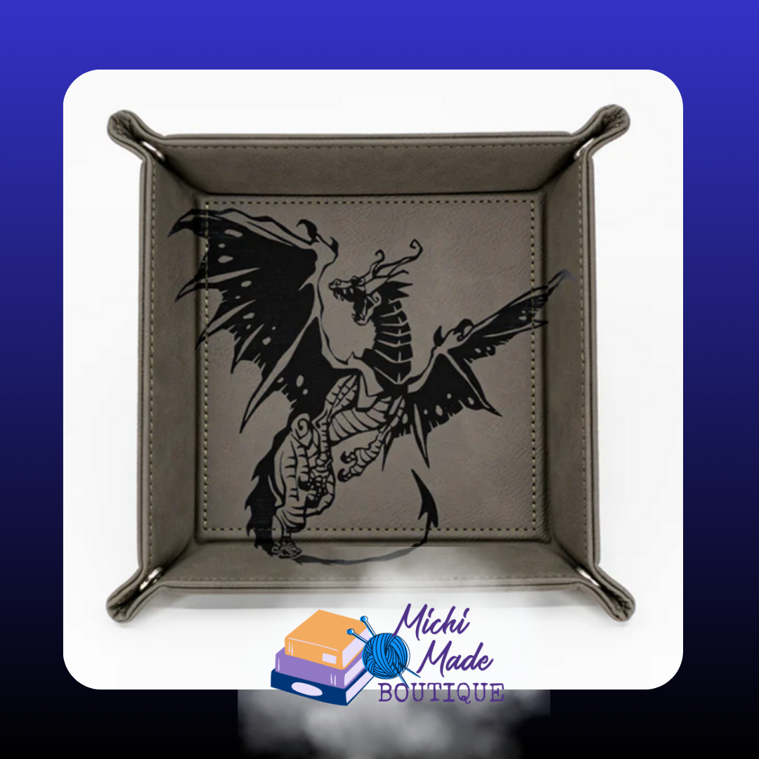 Grey tray engraved with a fierce dragon design.