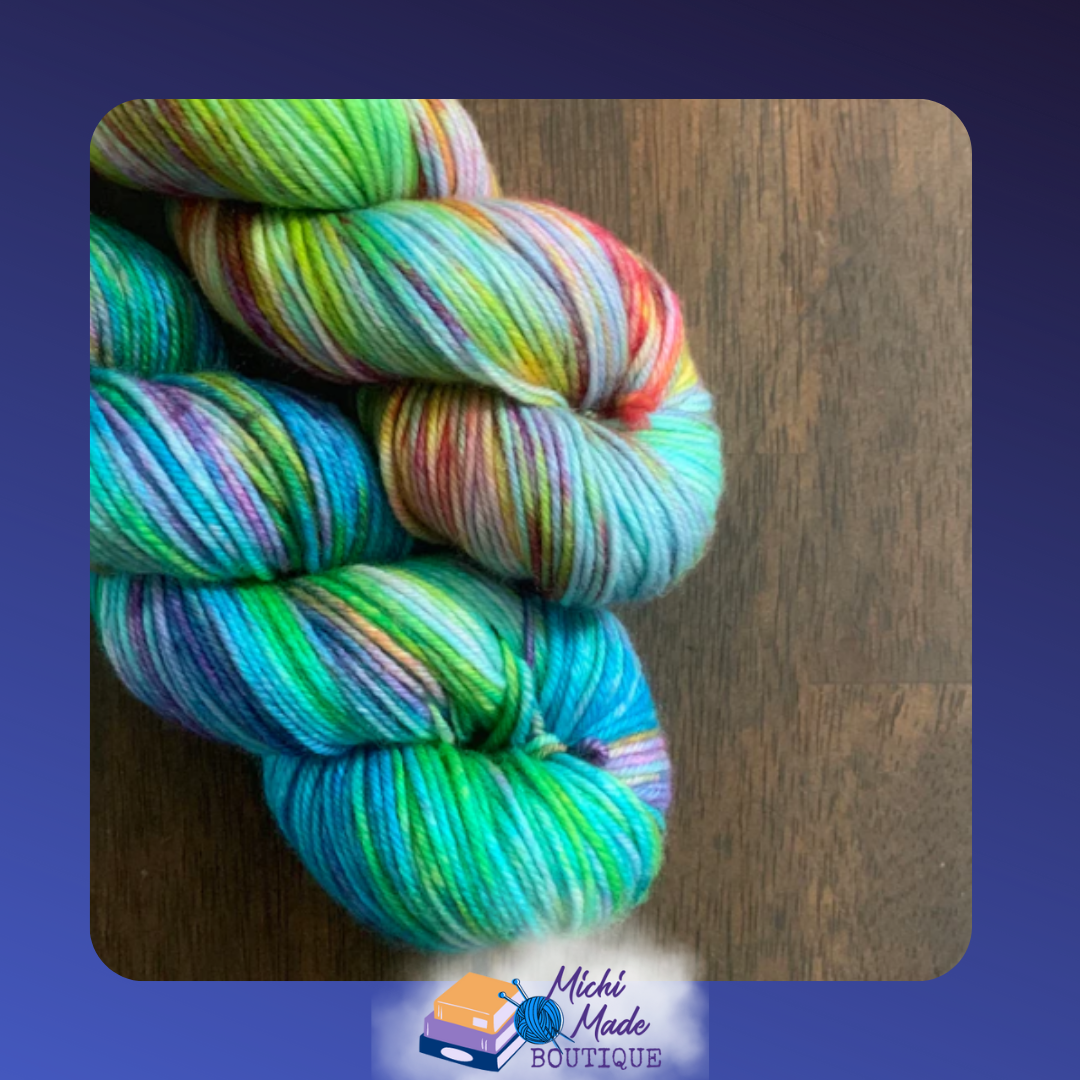 Unicorns vs. Narwhals 2.png — Close-up skein of pastel rainbow and deep sea tones.