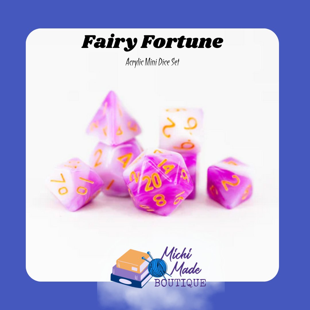 Fairy Fortune — Pink white marbled mini dice with glowing golden pips.