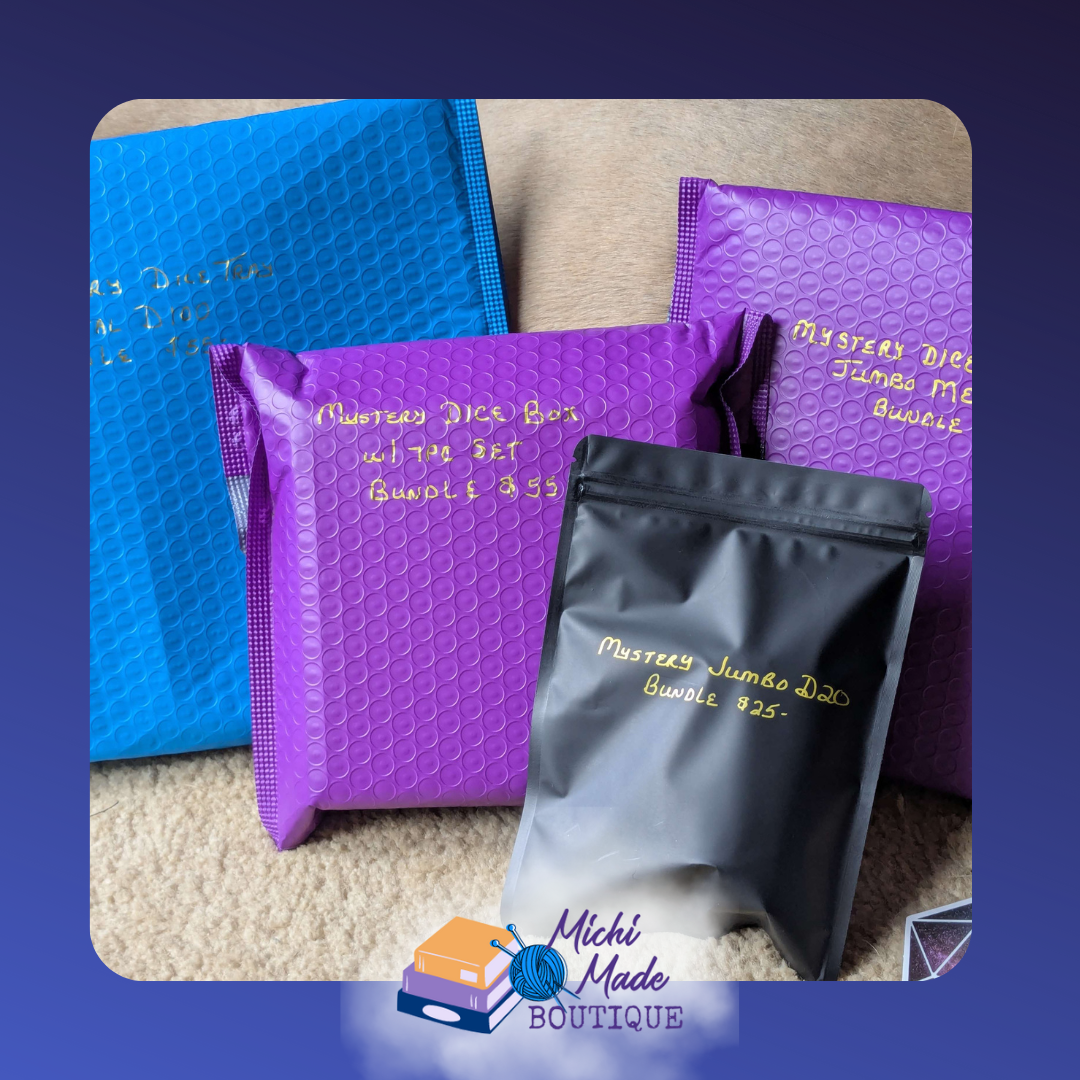 Picture of four envelopes - one blue, two purple and one black with Mystery Dice Bundles ranging from $25-55