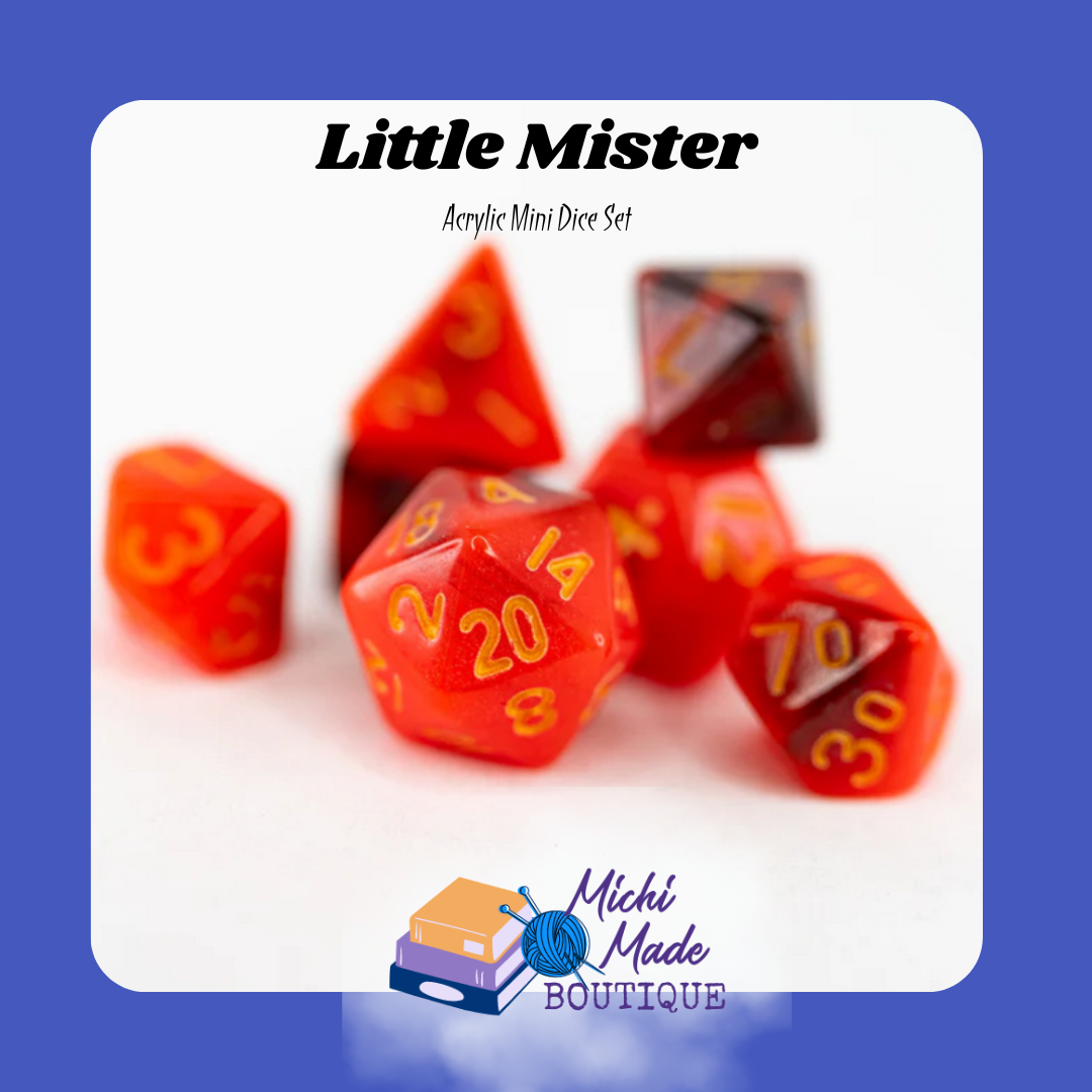 Little Mister — Red black blend mini dice with gold numbers, bold.