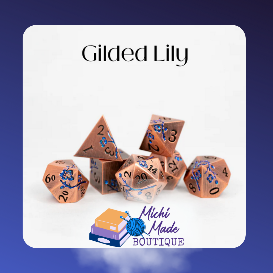 "Copper metal dice with etched blue flower designs – Gilded Lily."