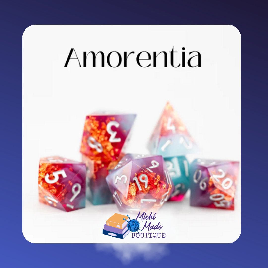 Amorentia — Red, purple, and teal resin dice with gold foil inclusions and white numbering on a white background.