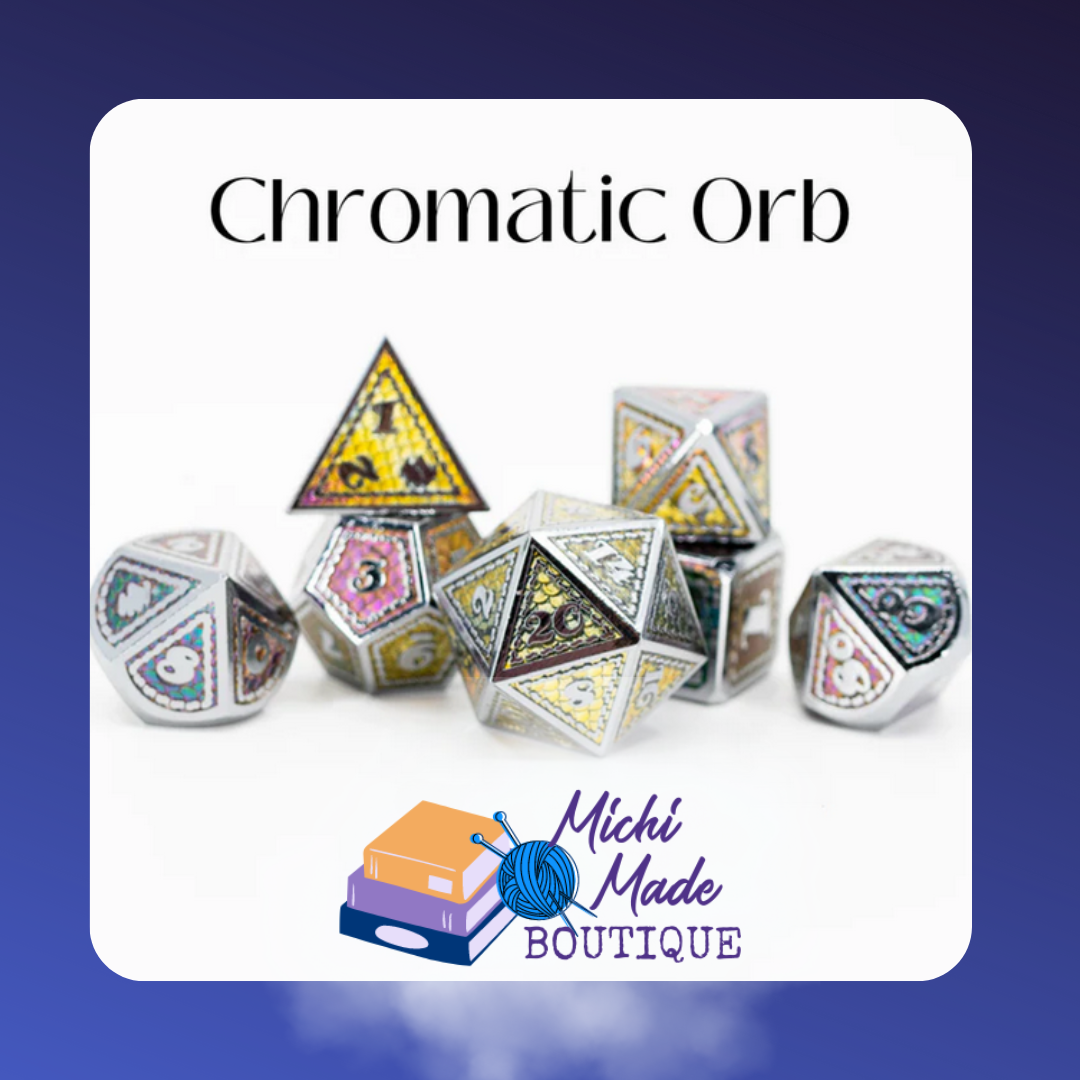 Chromatic Orb – Shimmering rainbow-metal dice set sparkling with prismatic mischief.