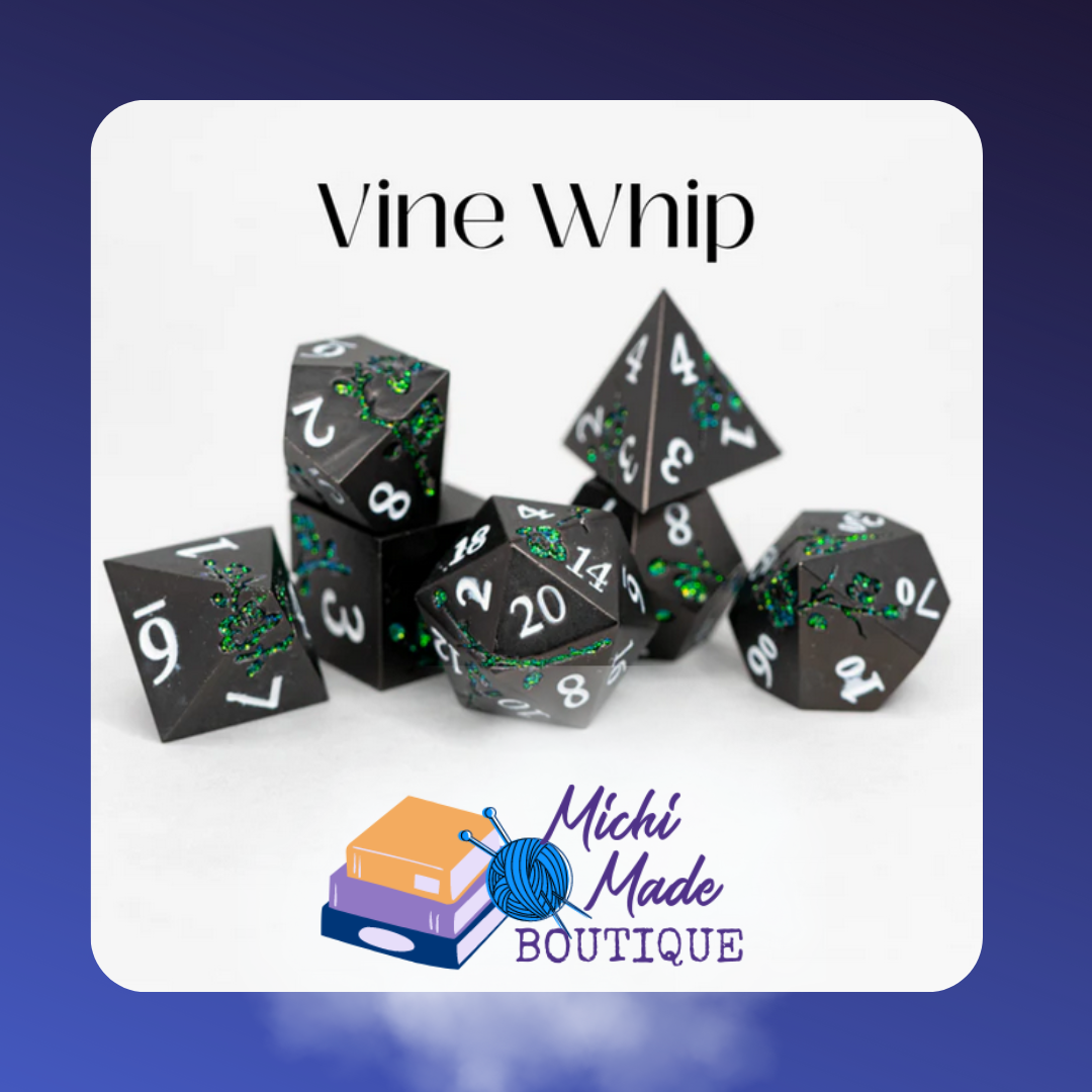 "Black metal dice with etched green vines and glitter accents – Vine Whip."