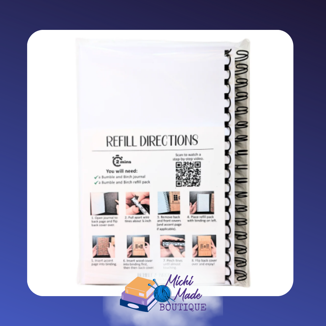 Back of refill pack showing step-by-step directions for replacing pages in a Bumble and Birch wood journal.
