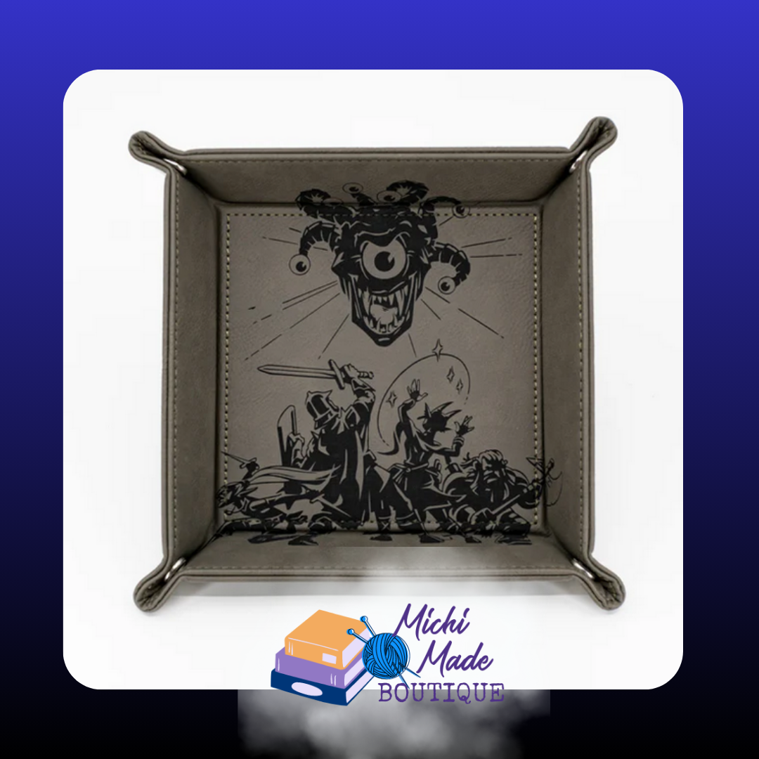 Grey tray engraved with adventurers battling a beholder.