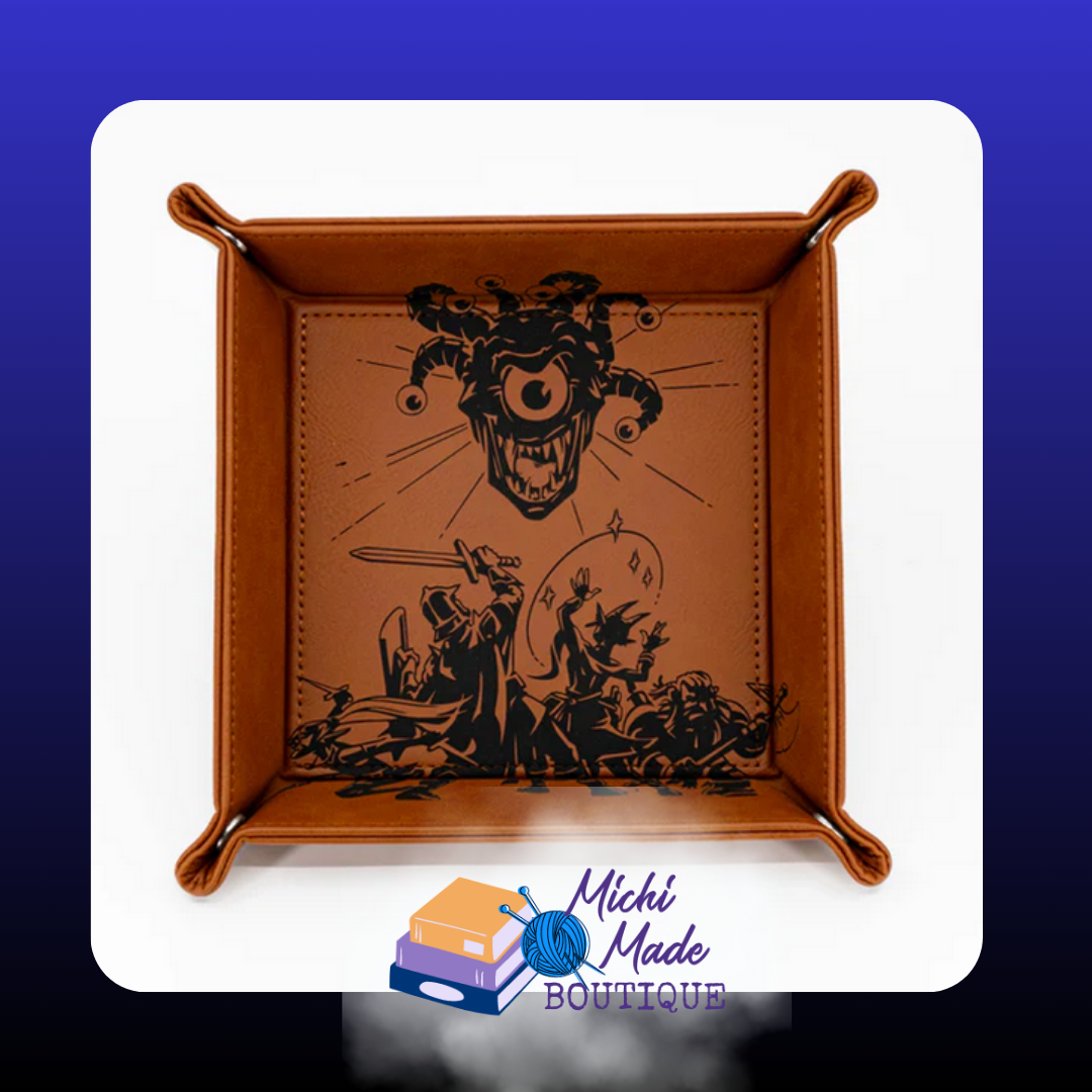 Chestnut tray engraved with adventurers battling a beholder.