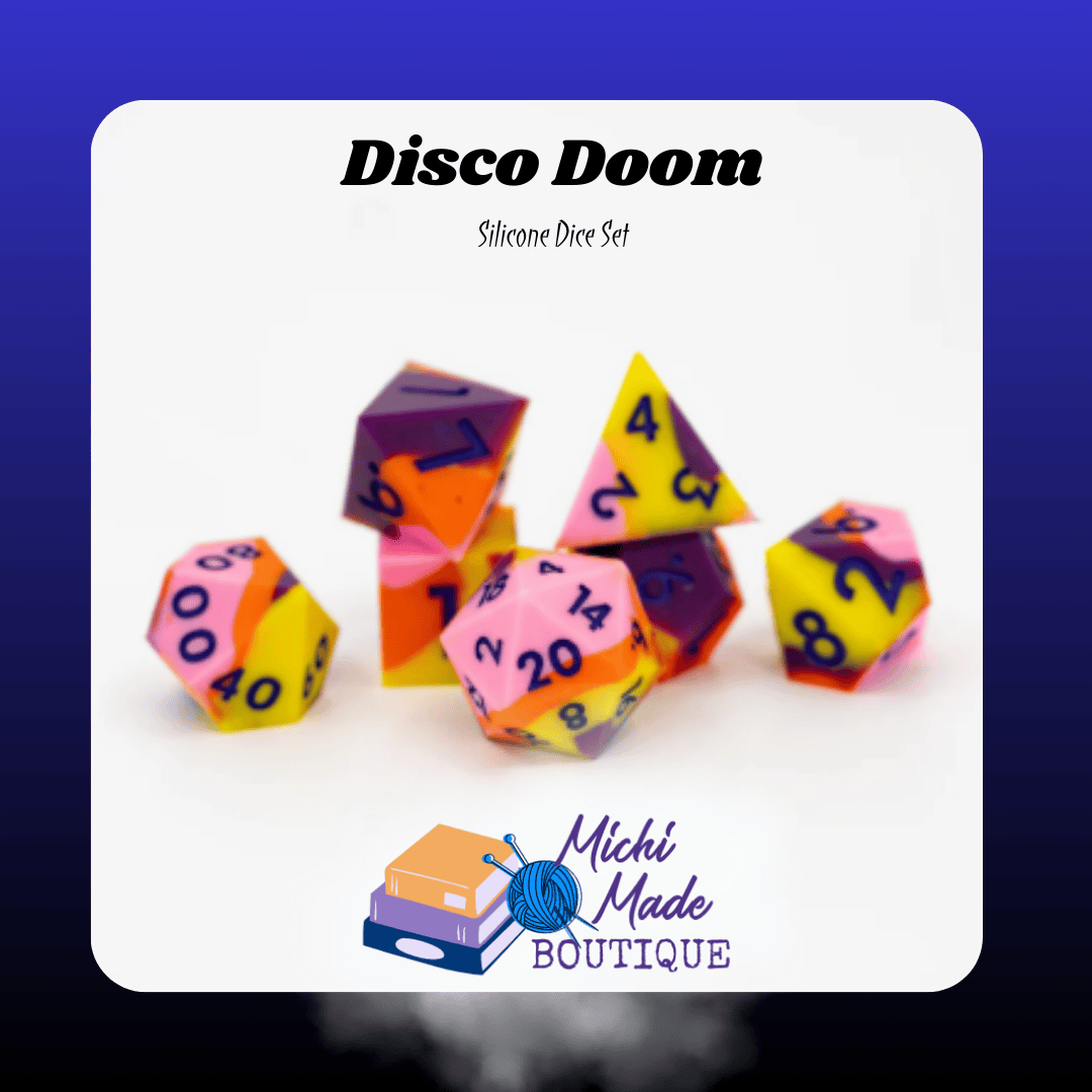 Disco Doom — Neon pink, purple, and yellow silicone RPG dice, seven-piece set displayed on white background.