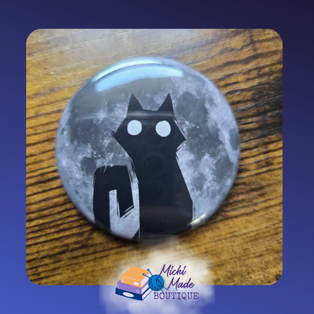 Black Cat Fridge Magnet – Black cat silhouette with crescent moon eyes against a mystical night sky background.