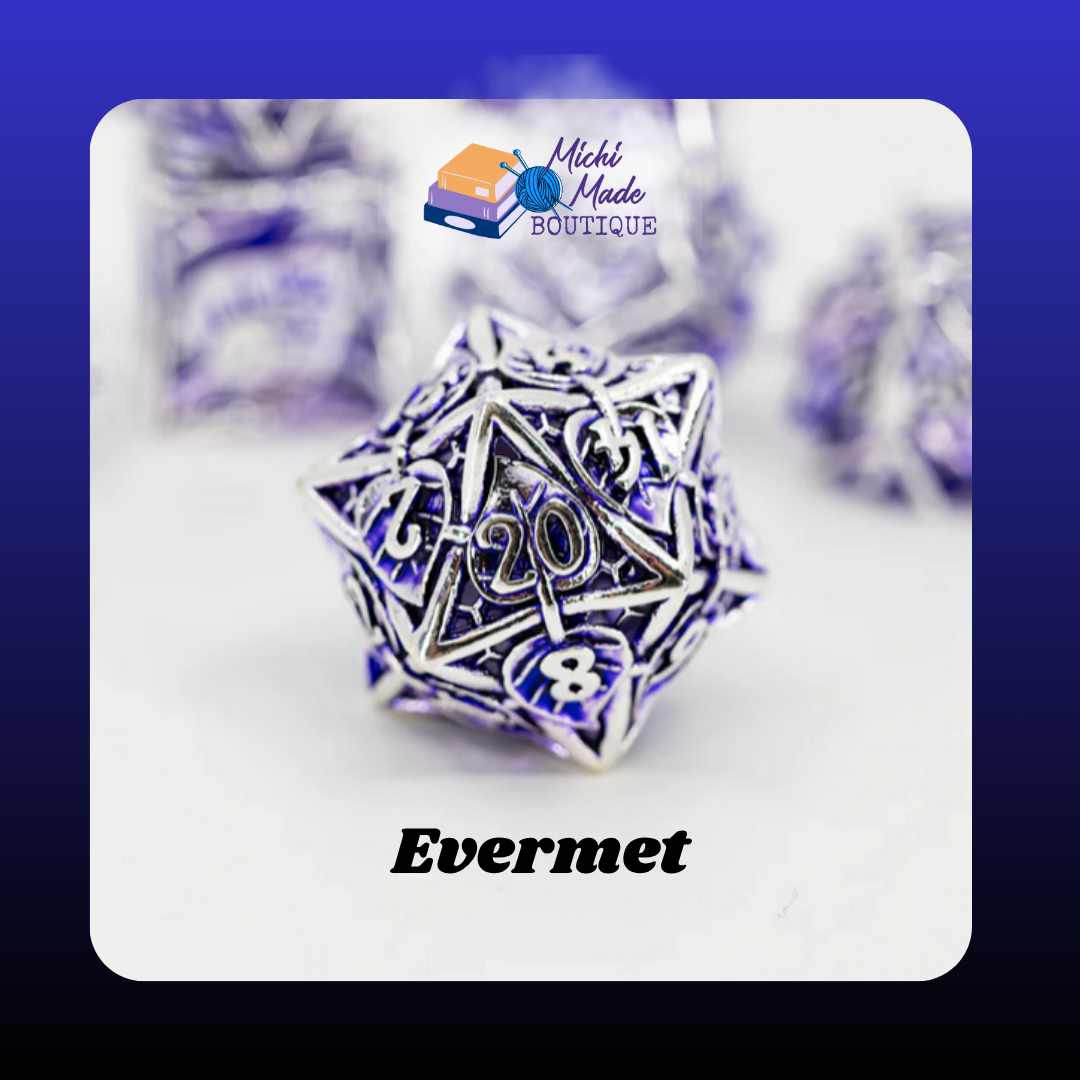 Close-up of the Evermet hollow metal D20, featuring silver filigree latticework with violet interior accents.