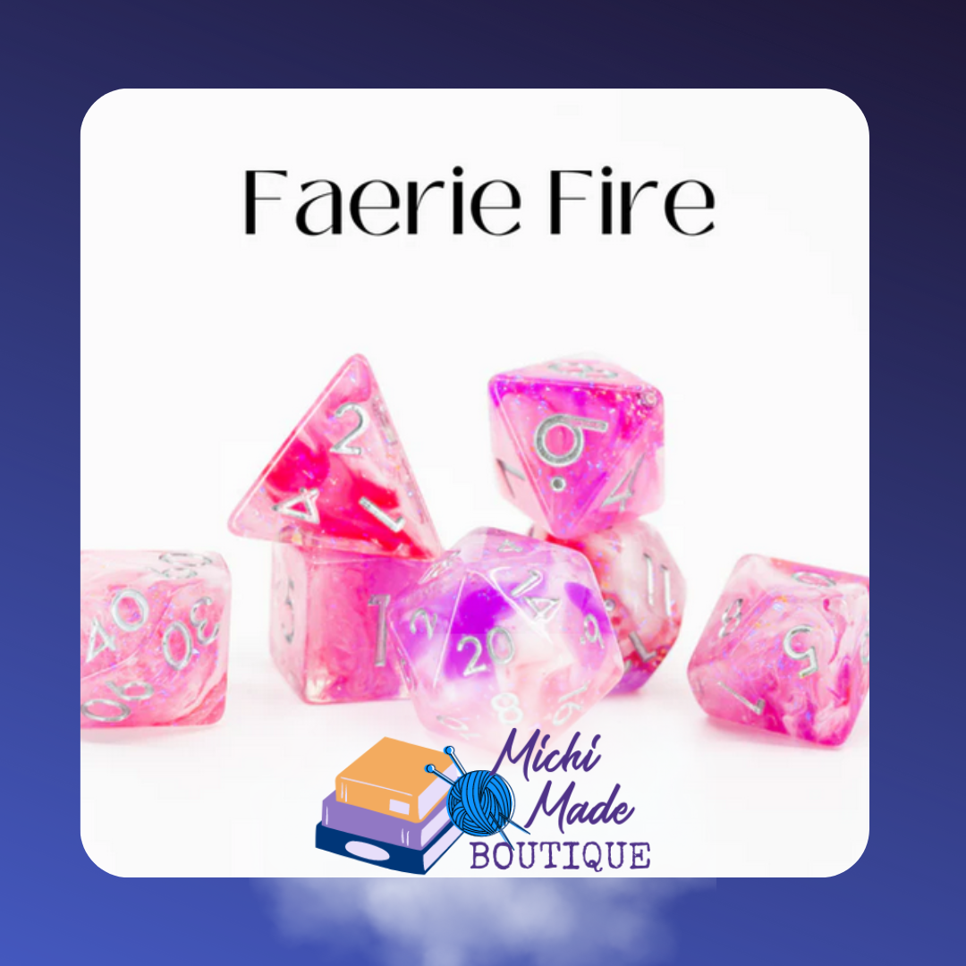 Faerie Fire: “Pink and white translucent acrylic dice with silver/pearl numerals.”