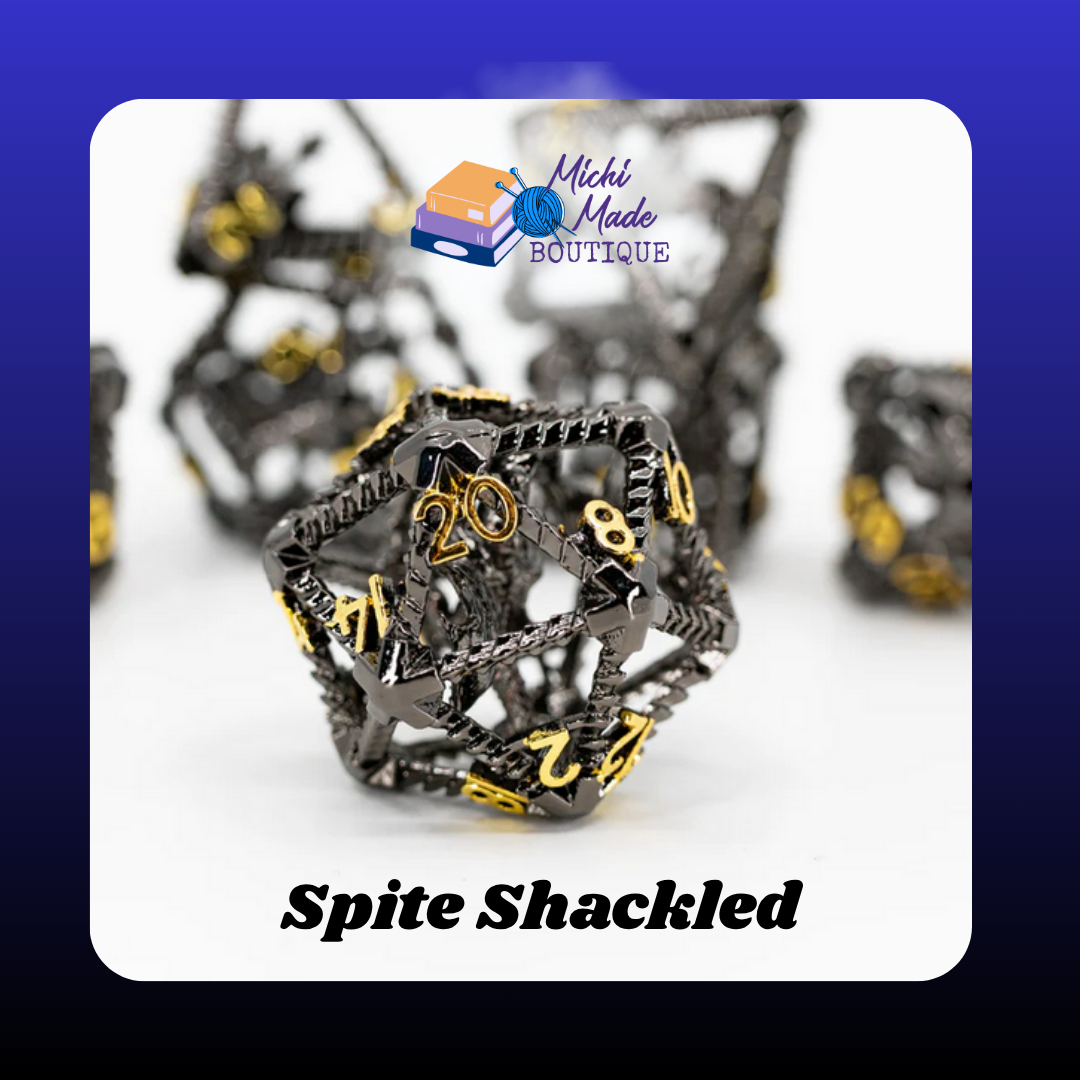Spite Shackled – D20 Close-Up A D20 in glossy black metal with sharp gold numbering, featuring a caged dragon figure at its center.