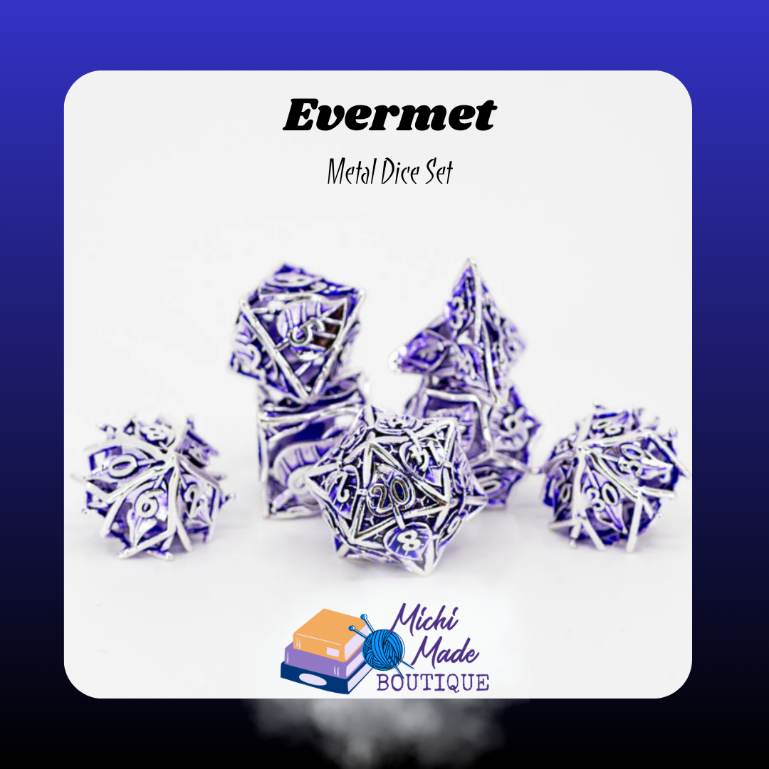Seven-piece Evermet hollow metal dice set with silver filigree frames and rich violet inner detailing.