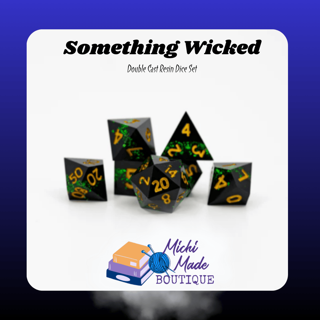Something Wicked — Black dice with emerald glitter flecks and gold numbers, full 7-piece set.