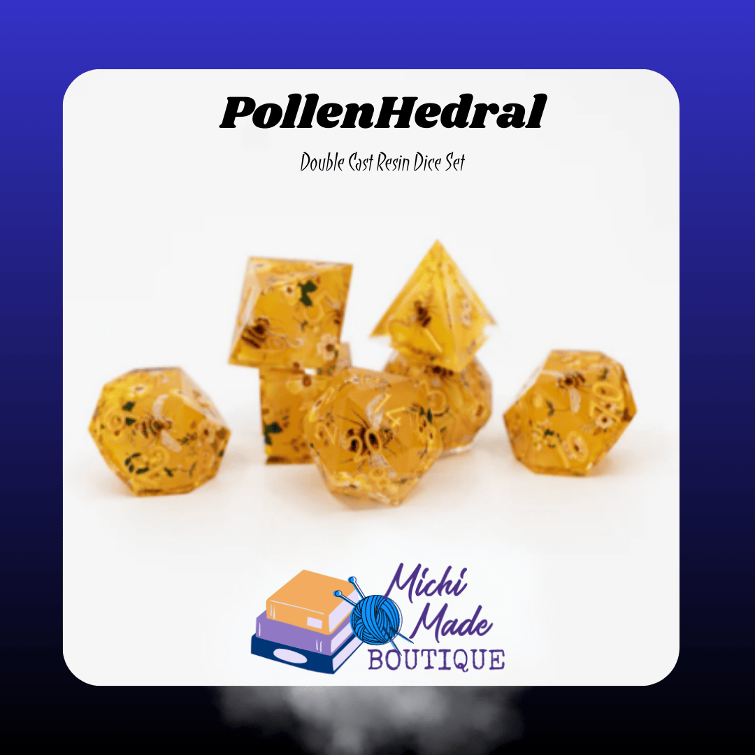 PollenHedral — Honey-amber double-cast dice with bee motifs and gold numbers, 7-piece set.