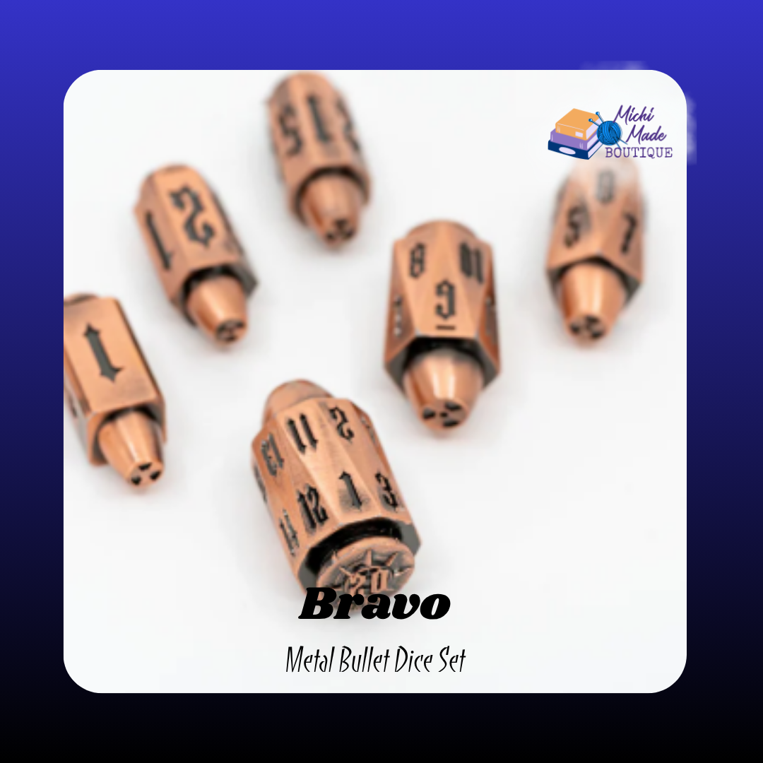 Bravo – Full Set  “A full set of copper bullet-shaped metal dice with black numbering arranged in a scattered layout on a white background.”
